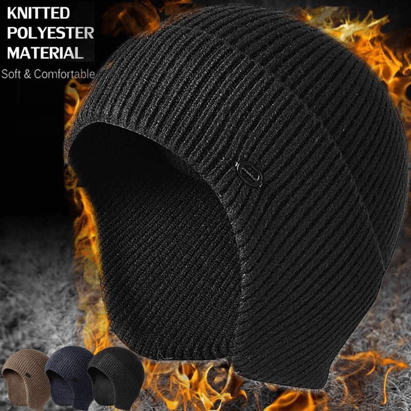 Men's knitted earflap bonnet hat in four colors, warm and windproof with soft faux fur lining, perfect for outdoor sports.